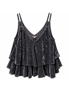 Aerie charcoal gray crushed velvet babydoll cami top with a dreamy layered ruffl